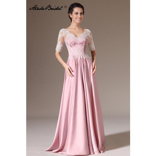 Formal Womens Dress Elegant Half Sleeve V Neck Pink Satin Mother of the Bride Dress vestido novia