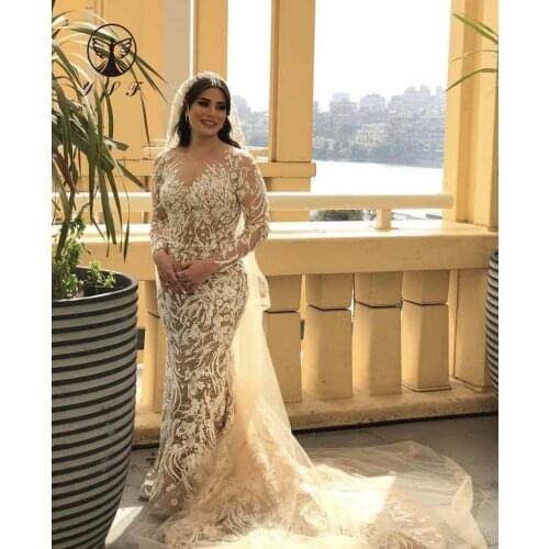 2022 Designer Robe De Mariee Illusion O Neck Appliqued Crystals Lace Long Sleeve Mermaid Wedding Gown