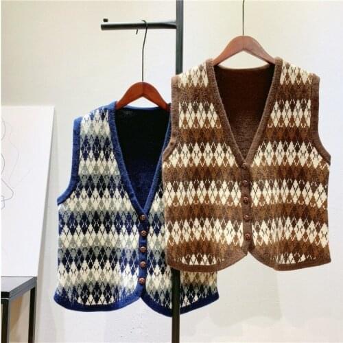 V Neck Knit Vest Sweater Vest Women Vintage Jacquard Argyle Sweater Sleeveless Cardigan Spring Autumn Knitwear