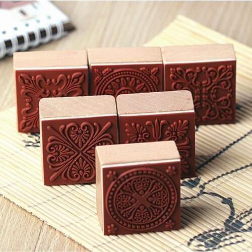 6pcs Vintage Square Floral Wood Stamp Kids Stationery DIY Handmade Scrapbook Photo Album Students Rubber Stamp Set Crafts Gift