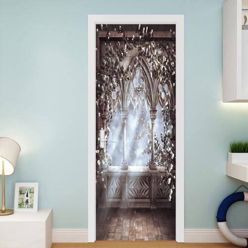 Antique Wooden Arch Balcony DIY Door Wall Stickers Home Decor Living Room Children Room Porch Removable Waterproof Wall Paster