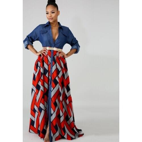 Big Swing African Maxi Dresses For Women Denim Patchwork Robes Gown Fashion Elegant African Design Party Dress Vestidos 2021 New