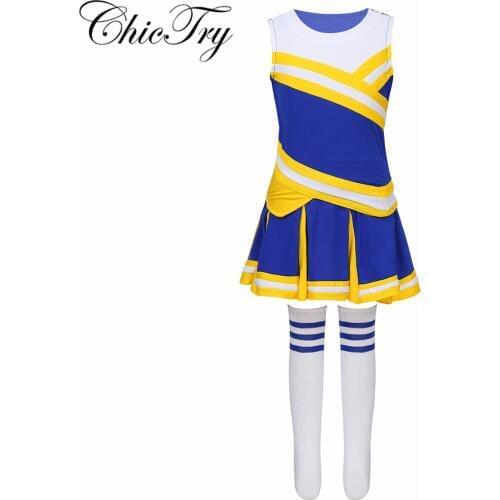 Kids Girls Cheerleading Uniform Costume Cosplay Fancy Outfit Tops with Pleated Skirt Set for School Stage Performance Dance Wear