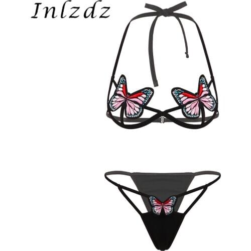 Erotic Lingerie Suit Womens Sexy Nightwear Butterfly Embroidery Hollow Out Lace-up Halter Neck Hot Bra with T-back Sleepwear