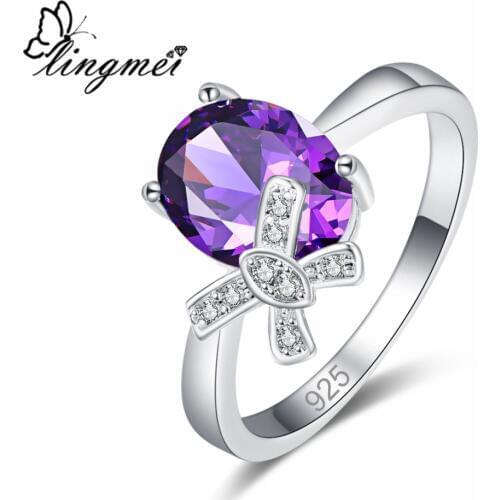 Lingmei New Arrival Tie Design Oval Purple & Multi White CZ Silver ColorRing Size 6-9 Anniversary Party Women Jewelry