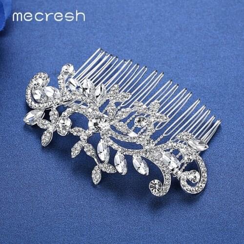 Mecresh Flower Crystal Wedding Hair Accessories Silver Color Bridal Hair Combs Crown Tiara European Jewelry Christmas Gift FS001