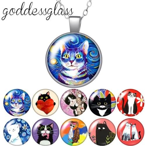 Cute Cat Love Pet cats Round Glass glass cabochon silver plated/Crystal pendant necklace jewelry Gift