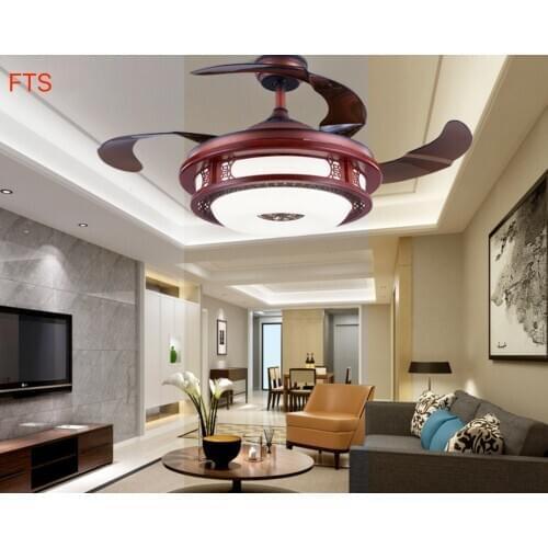 Invisible fan light new Chinese style modern bedroom fan light mahogany mute living room led modern home simple