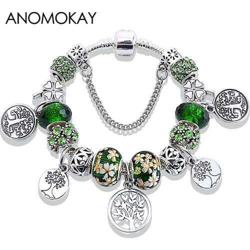 New Silver Plated Tree Pendant Charm Bangles & Bracelets Green Plant Bead Bracelet Heart Leaf Flower Diy Jewelry Bracelet Homme