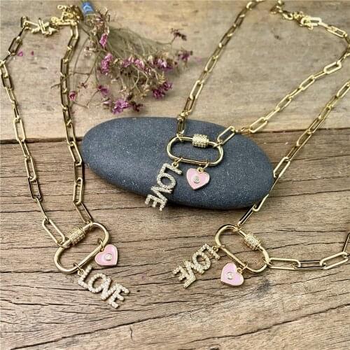 5Pcs Trendy Gold plating long chain cz necklace, clasp love letter heart pendant charm necklace