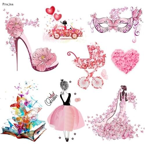 Prajna Fashion Girl Butterfly Iron On Transfers Vynil Heat Transfer Wedding Heart Heel Thermal Transfer For Clothing Sticker DIY