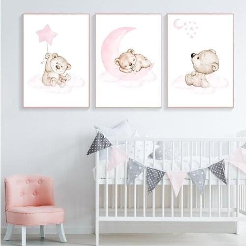 Pink Bear Moon Star Child Nursery Print Cartoon Animal Wall Art Canvas Painting Nordic Kid Baby Room Decoration Picture