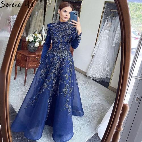 Serene Hill Muslim Navy Blue Evening Dresses Gowns 2021 Beading A-Line Luxury For Women Party LA71098