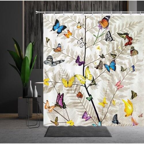 3D Colorful Butterfly White Shower Curtains Plant Printed Polyester Fabric Home Bathroom Decor Washable Bath Partition With Hook