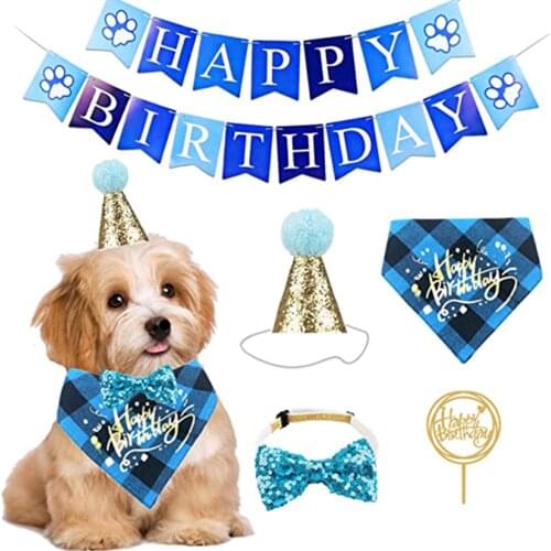 Pet Birthday Party Supplies Dog Birthday Bandana Bowtie Happy Birthday Banners Cake Topper Set Pink Blue