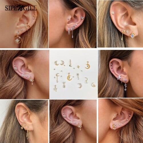 SIPENGJEL Fashion Ins Cartilage Minimal stud Earrings Set Sweet Flower Moon Star Earrings For Women Accessories Jewelry Gift