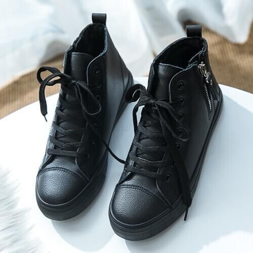 PU Leather Shoes Women High Sneakers Black White Sneakers Women Shoes 2020 Fashion Zip Soulier Femme Soft Rubber Shoes for Women