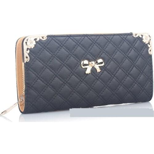 Women Cute Bowknot Long Wallet Female Solid Color Lattice Coin Purses Ladies Multifunction Card Holder Clutch Phone Bag