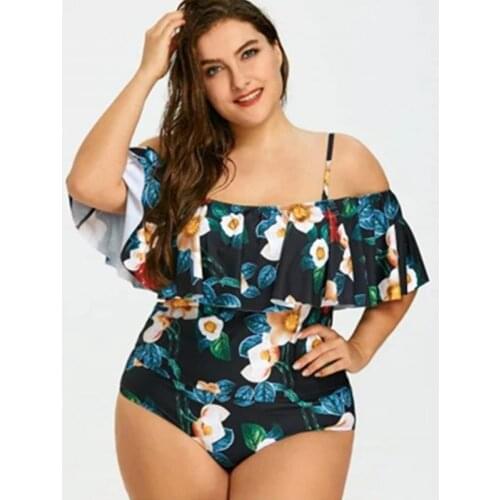 Plus Size Swimwear Two Piece Swimsuit Women Floral Print Halter Sexy One Shoulder Swimsuit High Waist Swim Suit High Elasticity