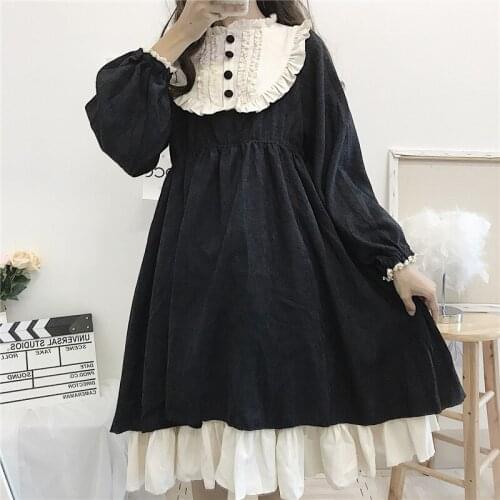 Japanese Vintage Harajuku Gothic Lolita Style Women Streetwear Midi Dress 2020 Autumn Stand Lantern Sleeve Loose Dresses Vestido
