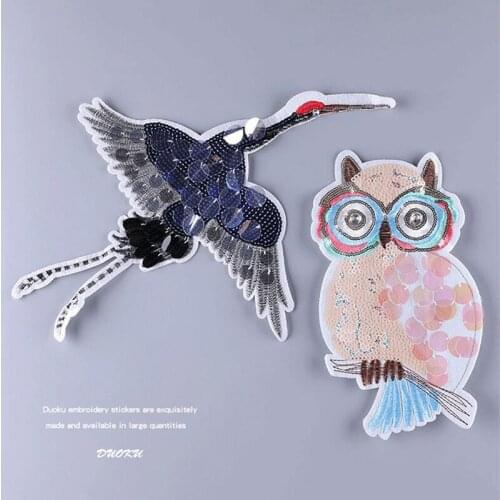 1pcs Beaded Owl Bird Sequin Patch Appliques Motifs Patches For Clothing Embroidered Jacket T-shirt Fabric Patchwork Badge
