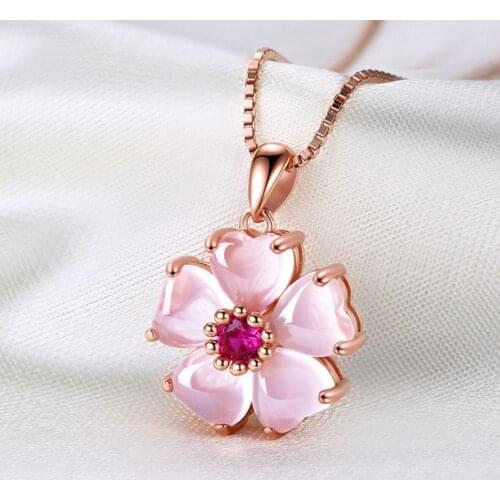 18 k GP Temperament clavicle Chain Silver Necklace sweet peach heart powder crystal natural Hibiscus Stone Pendant