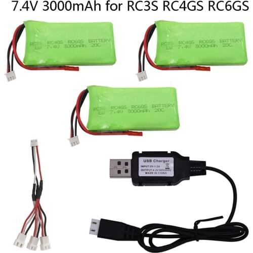 2/3PCS 7.4V 3000mAh 20C Lipo Battery with USB charger For RC3S RC4GS RC6GS Battery RC toy Parts 7.4v high capacity Lipo battery