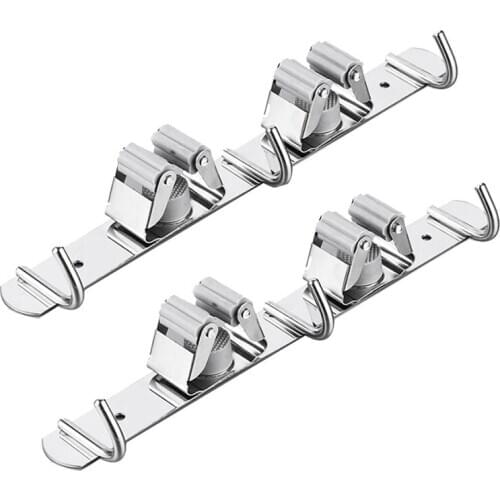 2 Pcs Broom mop Holder, Stainless Steel Wall mounted Storage Tool for Kitchen, Garage, Garden, Bathroom(2 Racks 3 Hooks)