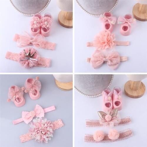 3Pcs Baby Crown Headbands + Socks Set Kids Newborn Baby Cartoon Socks Anti-slip Floor Sock Shoes Bowknots Socks Baby Gifts 0-2T