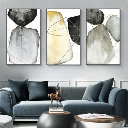 Abstract Canvas Painting Grey Yellow Stone Posters Modern Wall Art Pictures Nordic Print for Living Room Bedroom Home Decorative