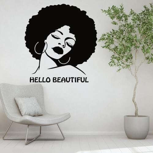 Afro Girl Welcome Wall Decal Beauty Salon Décor Hello Beautiful Quote Vinyl Wall Sticker Afro Lady Window Poster Mural AZ840