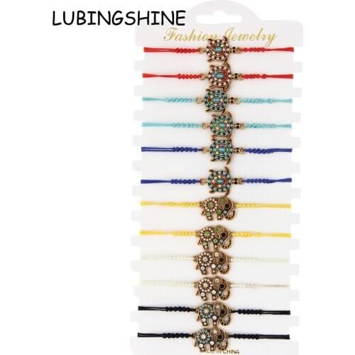 Bohemia 12pcs/lot Women Turtle Elephant Charms Bracelet Set Child Braided Adjustable Rope Chain Handmade Anklet Beach Jewelry