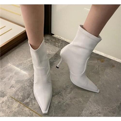2022 Newest Fashion Black Ankle Womens Boots Thin Low Heel Pointed Toe Slip-On Party Shoes High Quality Chelsea Bootties