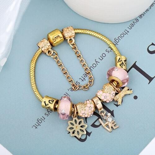 Seialoy Golden Anime LOVE Charm Bracelet Bangle Original Pink Crystal Daisy Heart Beads Bracelet For Women Men Jewelry Gift