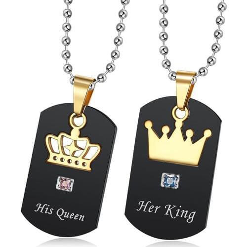 Elegant King Queen CZ Tag Titanium Steel Necklace Fashion Couple Stainless Steel Crown Pendant Romantic New Year Jewelry Gifts