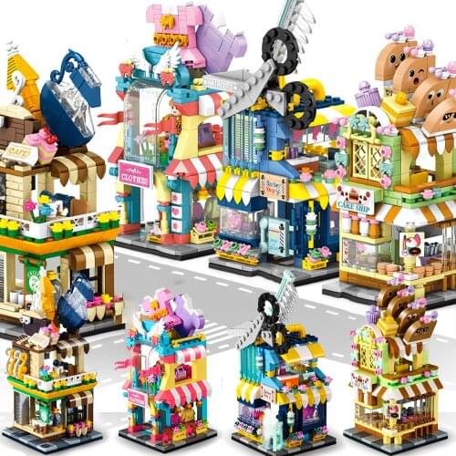 City Mini Street Coffee Flower Shop Model Building Blocks Kits Bricks Kids Toys Girls Boys Gift Retail Store Miniature Views