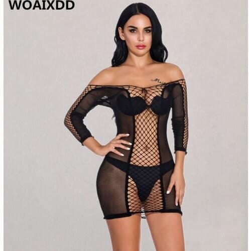 HOT Sexy Fishnet Babydoll Dress Cosplay Nightgown crochet plus size lingerie Erotic bodysuit Women Corsets products Sleepwear
