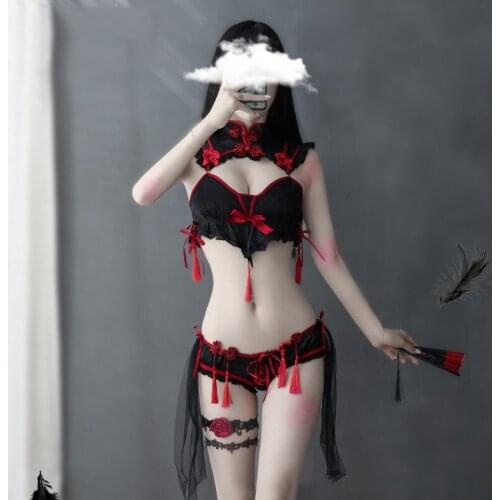 Gothic Vintage Cheongsam Lingerie Set Maid Cosplay Uniform Lolita Lace Embroidery Underwear Set Sexy Halloween Costume