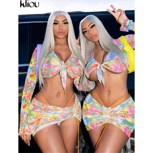 Kliou Floral Drawstring Bandage Sheer 3 Piece Sets Women Holiday Club Crop Top+Underpants+Skirt Matching Set Mesh Ruched Outfits