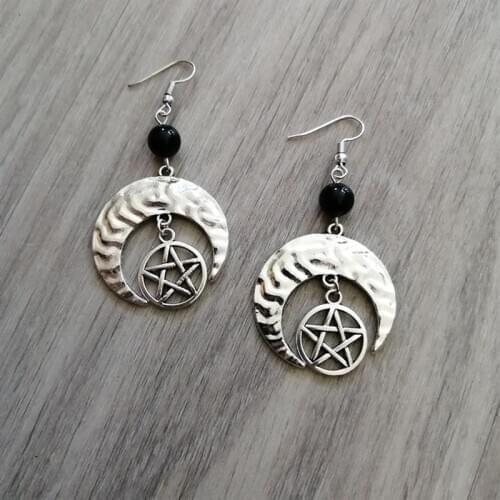 Crescent moon protective pentagram Earring beads onyx black witchy wicca pagan magic esoteric Fashion Goth Witch Jewelry Women