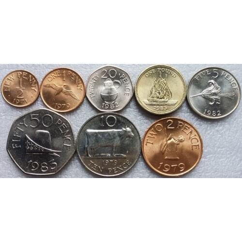 Guernsey (Guenzi) Islands 1971-1984 1 / 2-50 Pence 1 Pound Copper Nickel Coin Set 8 Original True Real Genuine Coin European