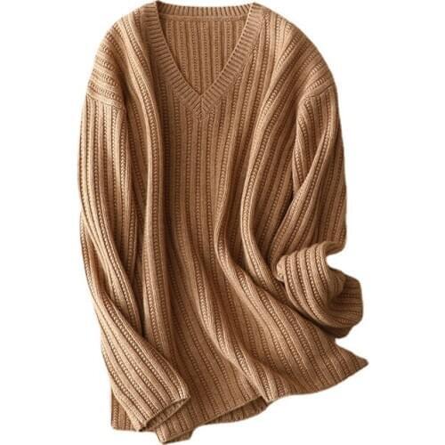 SHUCHAN 30% Cashmere+70% Wool Oversized Sweaters for Women V-Neck Vintage Solid Womens Plus Size Knit Pullover Autumn