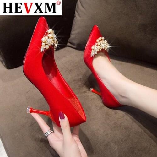 Womens Pumps Shallow String Bead Wedding Shoes Korean Fashion Women Solid Flock Pointed Toe High Heels 7.5cm Shoes