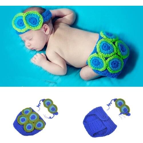 Crochet Newborn Girls Peacock Costume Photography Accessories Knitted Baby Headband and Diaper Set for Baby Infant Photo Props