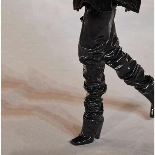 Dipsloot Super Thigh High Pleated Long Boots Woman Patent Leather 10 cm Spike Heels Square Toe Over The Knee Knight Boots
