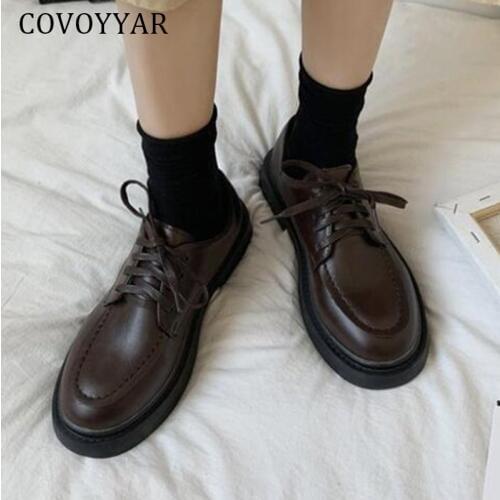 COVOYYAR 2020 British Style Brogue Shoes Woman Retro Spring Autumn Women Flats Comfort Lace Up PU Leather Black Shoes WFS2051