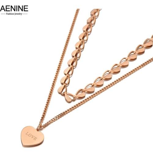 AENINE Bohemia Design Double Layer Love Heart Charm Pendant Necklaces For Women Stainless Steel Summer Choker Necklace AN20162