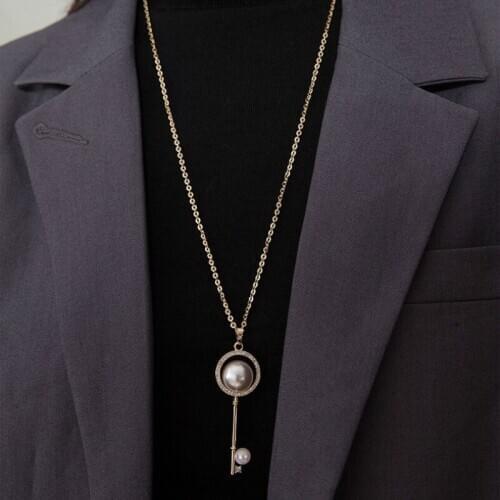 Charm Sterling Silver 925 Original Pendants Necklace for Women Stylish Key Mosaic Pearl Luxy Maiden Long Cross Chain Personality