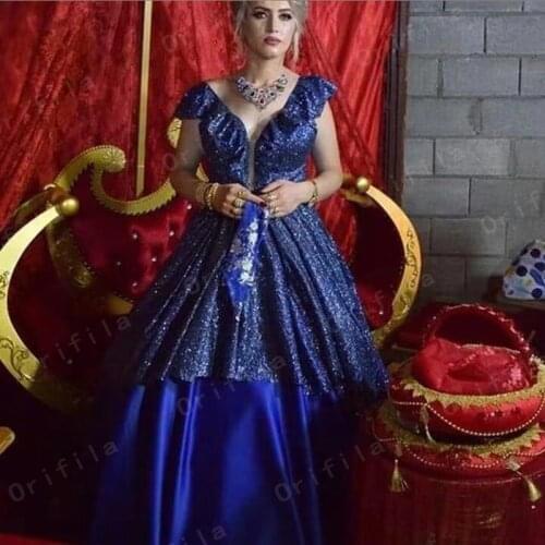 Robe de soirée Seuqins Prom Dress Ball Gown Royal Blue Evening Party Gowns For Women Short Sleeves Tunisian Party Gowns