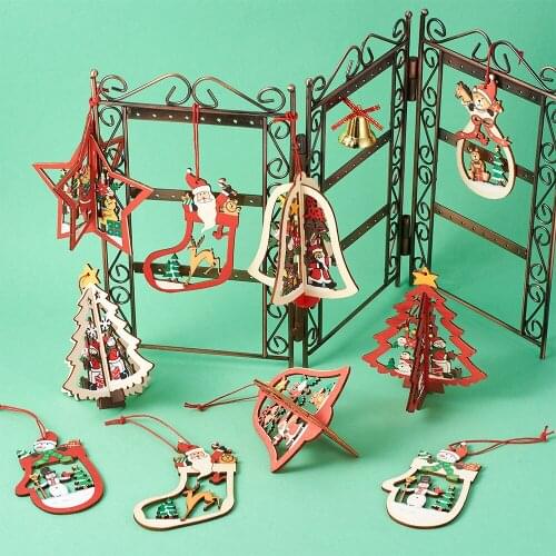 1Set Wooden Christmas Ornaments Decorations for Xmas Tree Hanging Pendants 3D Wood Bell Christmas Gloves Gifts Party Home Decor